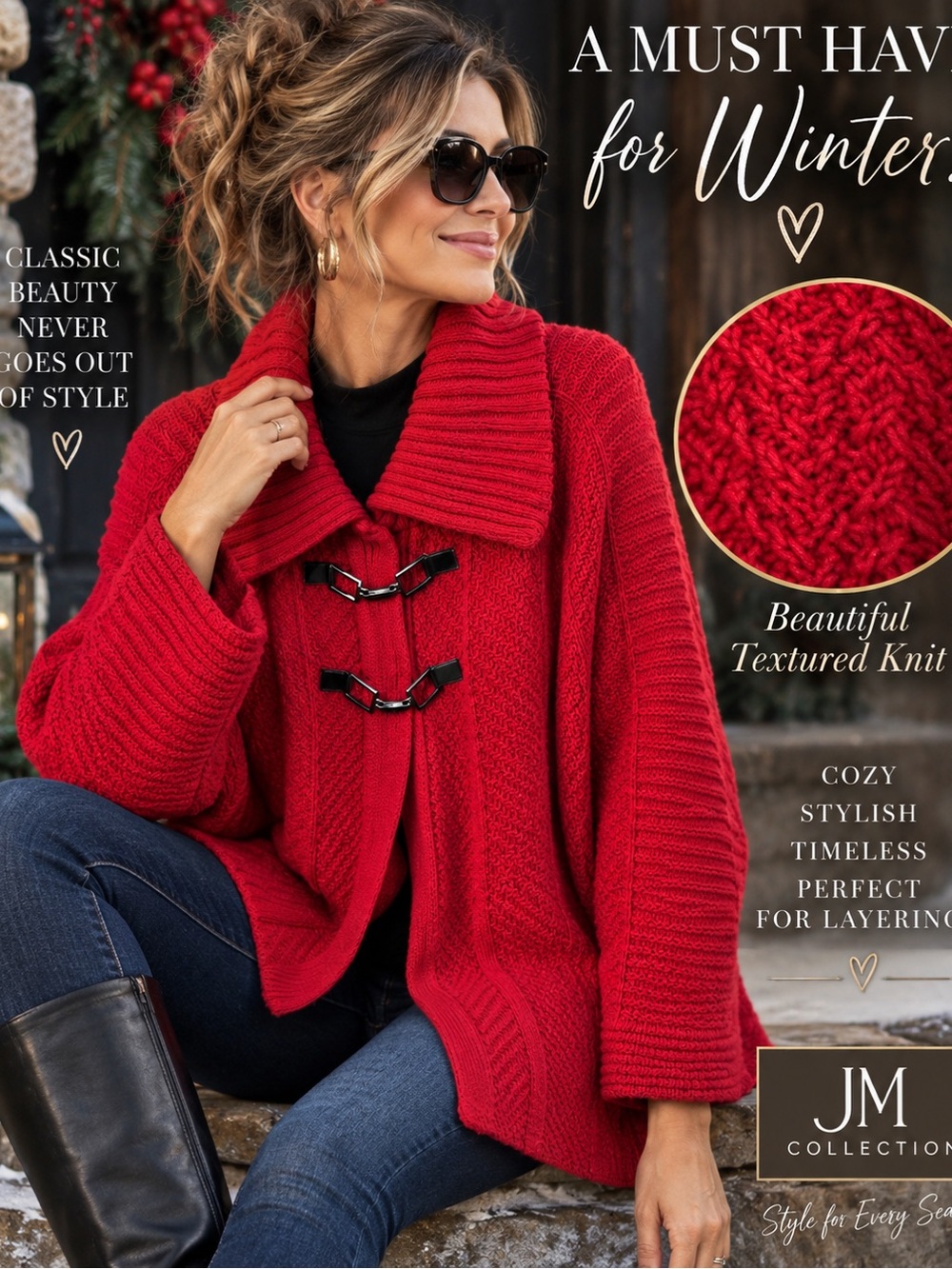 JM Collection XL Red Cotton Blend Toggle Cardigan Jacket oversized collar